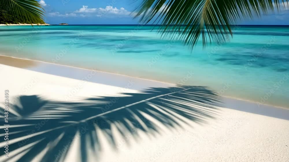 Poster a palm tree casts a shadow on the sand. the shadow is long and thin, stretching across the beach. th