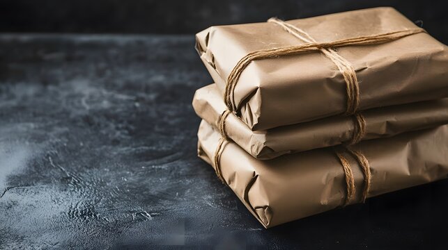 Stack of Brown Paper Packages Tied with Twine Rustic Gift Delivery