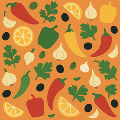 Seamless pattern of colorful vegetables: peppers, garlic, olives, lemon, and parsley on an orange background. Food illustration