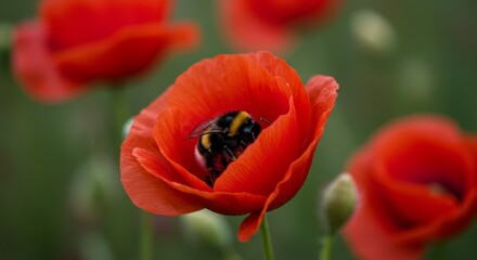 Obraz premium Bumblebee in Red Poppy Flower - A bumblebee rests inside a vibrant red poppy flower, surrounded by other poppies in a blurred green background
