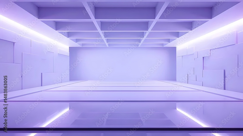 Aufkleber ミニマルな建築デザインの紫色の照明が施された幾何学的な白い部屋のインテリア
