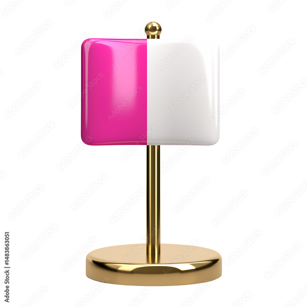 Poster a glossy pink and white rectangular sign on a gold stand against a transparent background. the image
