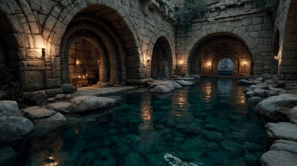 Enchanting Stone Archways Overlooking a Serene Water Pool with Illuminated Walls and Natural Ro