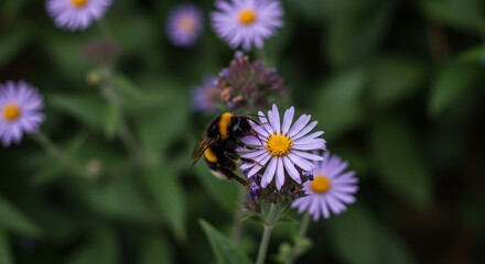 Bumblebee on Purple Daisy - A close-up shot of a bumblebee pollinating a vibrant purple daisy, surrounded by a soft-focus background of more daisies and greenery