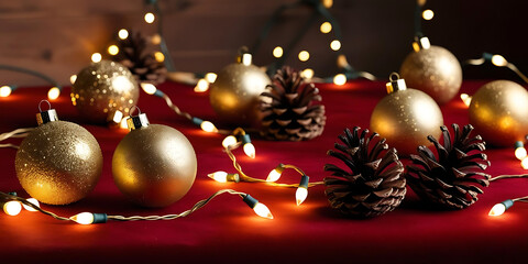 Fototapeta premium Warm Christmas Decoration with Golden Baubles and Pinecones on Red Background