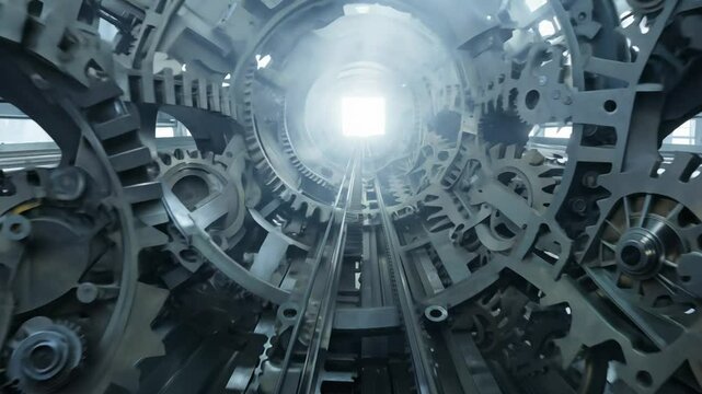 smooth tracking video through a tunnel of rotating metallic gears with hard directional light and steam, concept of complex machinery and industry