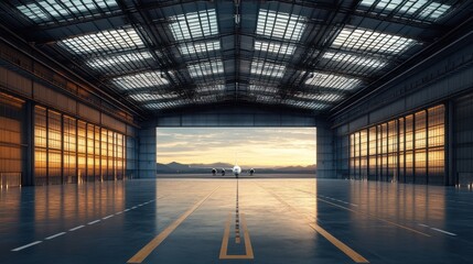 Large modern aircraft hangar, fully empty, illuminated with skylights 