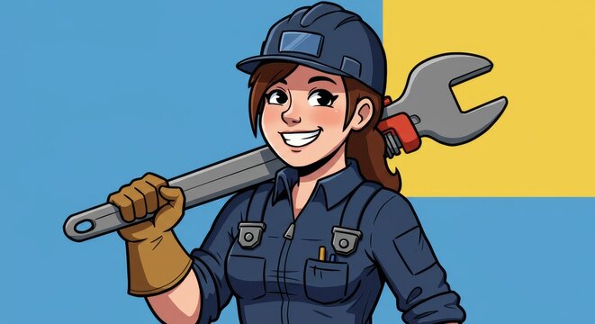 Cartoon Plumber Woman - A cheerful cartoon female plumber, strong and capable, represents expertise, problem-solving, and reliability in the trades. She symbolizes hard work, skill, and empowerment