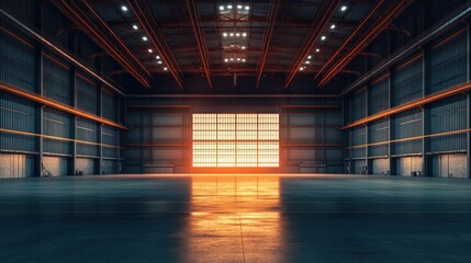 Large empty aviation hangar with full light exposure, no equipment inside