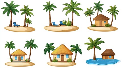Fototapeta premium Tropical Island Scenes Showing Houses and Palm Trees