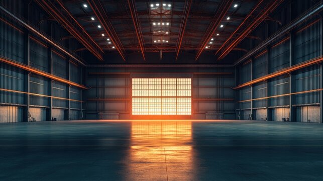 Large empty aviation hangar with full light exposure, no equipment inside