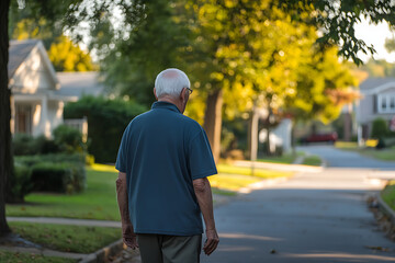 Older man walking away on a suburban street with houses and trees in the background during daylight hours