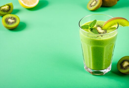 Two glasses of green smoothie with kiwi slices and mint leaves. - Powered by Adobe