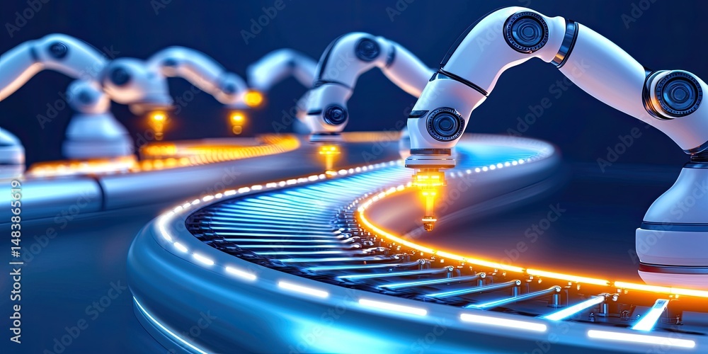 Poster robotic arms assemble products on automated conveyor belt