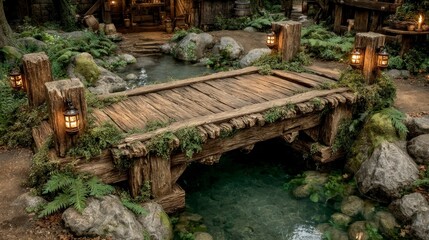 Enchanted Wooden Bridge Over a Tranquil Stream Surrounded by Lush Greenery and Illuminated Lant