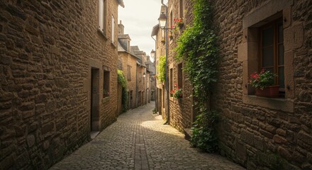 Obraz premium Charming Stone Street in European Village - Sunlit cobblestone street between aged stone buildings, lush greenery adding to the quaint atmosphere