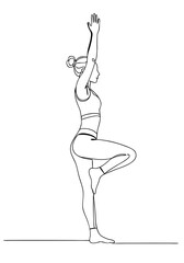 Woman practicing yoga pose on one leg in continuous line art  