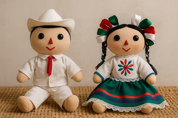 Traditional handcrafted Mexican dolls wearing typical regional outfits. Ideal to represent Mexican culture and folklore in commercial or educational images.