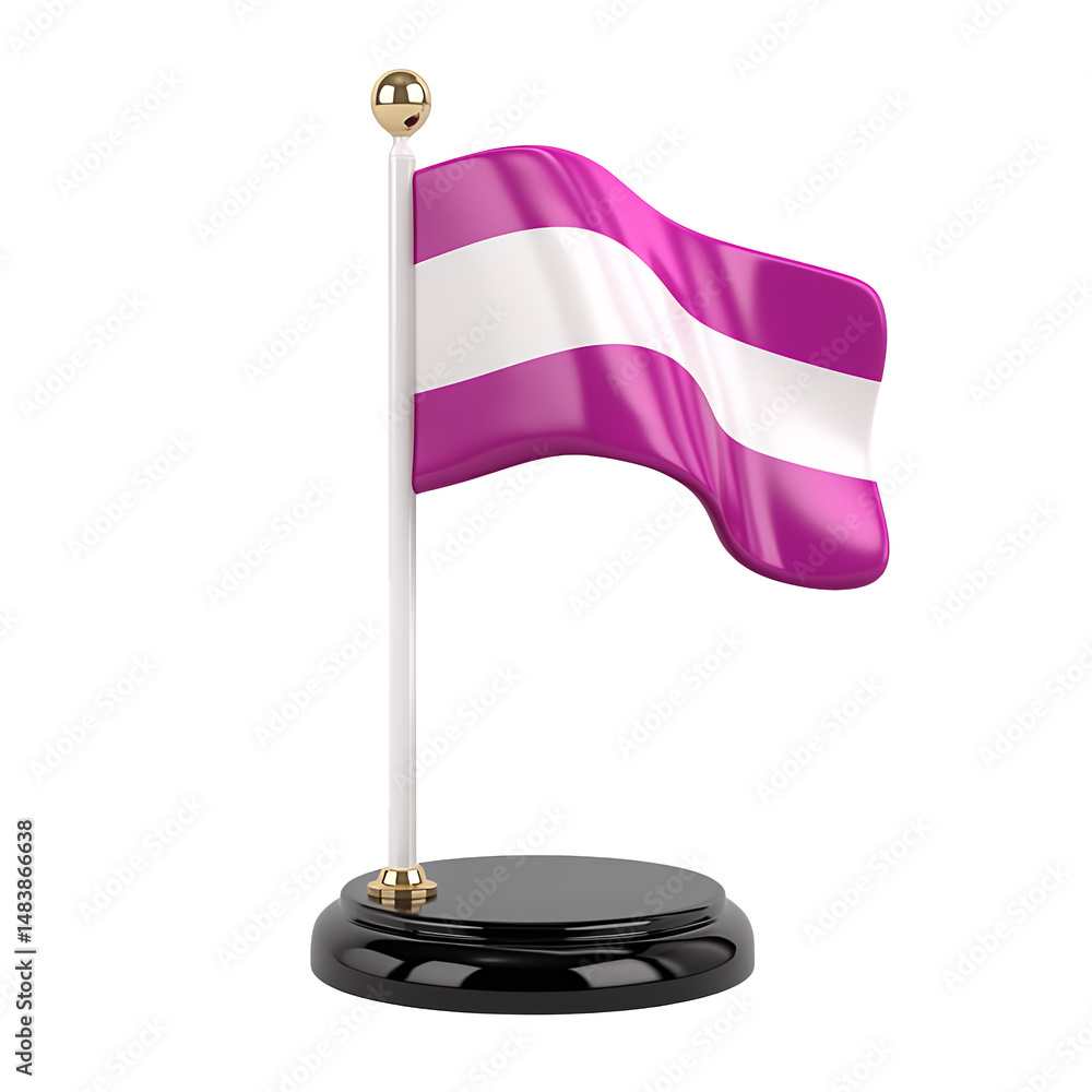 Poster pink and white flag on a black base, waving gently against a transparent background. 3d rendered ima