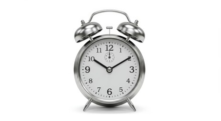 Classic Alarm Clock Timepiece - A silver metal alarm clock showing the time, isolated on a white background. Perfect for time management concepts