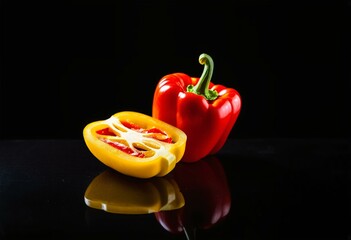 A yellow bell pepper cut in half on a black surface.