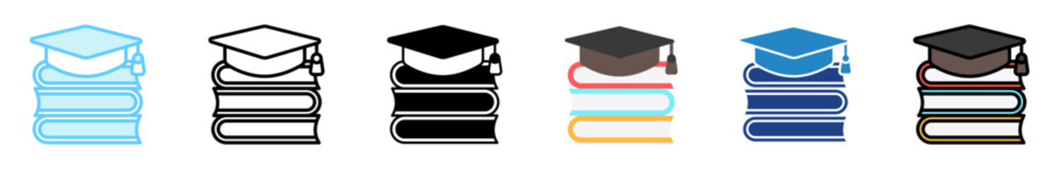 Graduation Cap multi style, mini illustration icon set. outline, flat, glyph, line color. vector for UI, UX, app, web, digital or print, related to international literacy days, education.