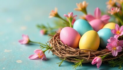 Obraz premium Pastel-colored eggs nestled in a spring flower arrangement , festive, Easter celebration, bright colors