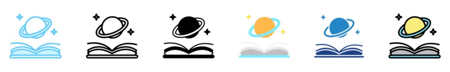 Sci Fi multi style, mini illustration icon set. outline, flat, glyph, line color. vector for UI, UX, app, web, digital or print, related to international literacy days, education.