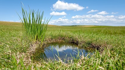 Obraz premium Small Pond in a Lush Green Field Under a Blue Sky