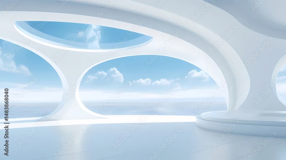 Poster 未来的な白い円形構造が特徴的な抽象的な建築物の内部 海と空のミニマリスティックな背景を持つモダンな空間デザイン