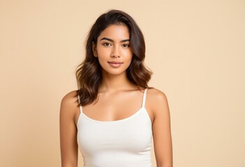 Obraz premium A woman in a white tank top posing for a picture.