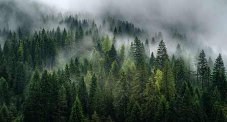 Dense forest of evergreen trees covered in foggy mist at a peaceful scenic mountain
