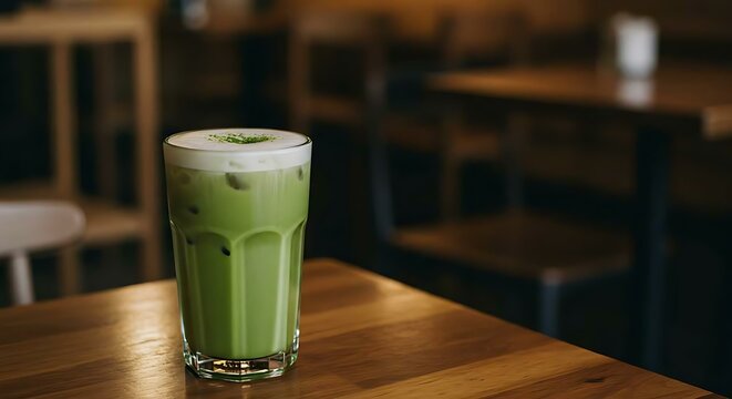Iced matcha latte with oat milk in a glass cup