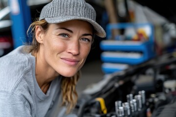 A skilled female mechanic smiles confidently while inspecting a car engine, showcasing empowerment and expertise in a traditionally male-dominated field, inspiring others.