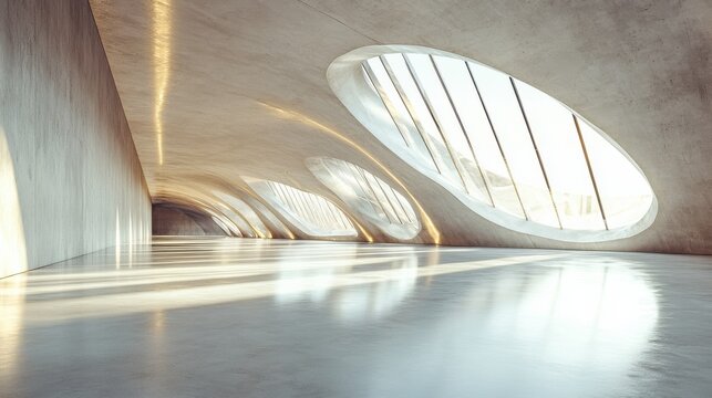 Daylight-flooded hangar, smooth cement floor, open empty space, clean architecture 