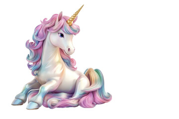 A whimsical, colorful unicorn with pastel mane resting peacefully in a dreamy fantasy setting. on transparent background