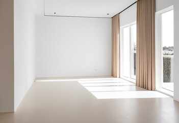 A white room with a large window and a white wall.