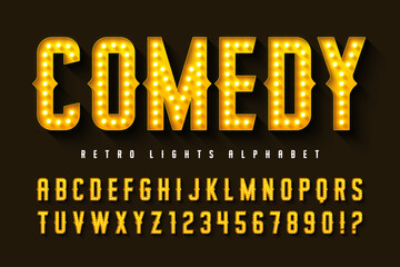 Retro circus alphabet design, cabaret, fairy LED lamps letters and numbers.