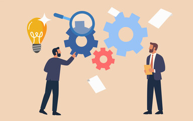 Businessman person with idea bulb symbol of innovation and solution in technology for success and communication with gear an team work concept