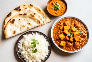A white plate topped with three bowls of food next to a bowl of rice.