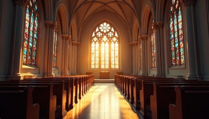 Fototapeta premium Serene church interior, sunlight streaming through stained glass windows , holy spirit, pews