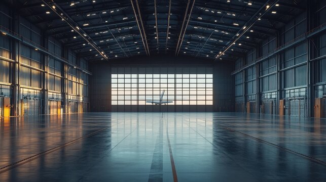 Clean hangar interior, no shadows, empty space with glossy floor 