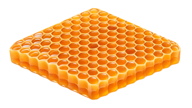 Close up of a honeycomb filled with honey on black background