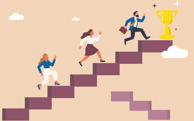 Businessman running up stairs abstract steps to success growth concept flat design illustration