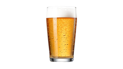 A pint glass filled with beer against a black background