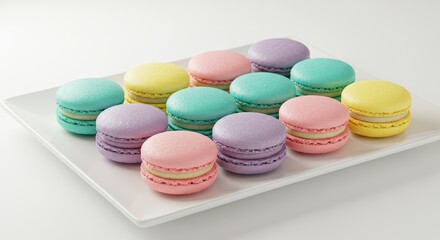 Obraz premium Colorful Macarons on White Plate - A delightful assortment of pastel-colored macarons arranged on a pristine white rectangular plate