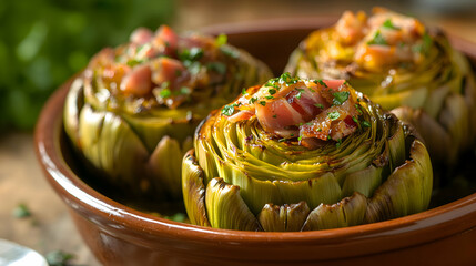 Alcachofas con Jam?n, Artichokes with Ham, sauteed artichokes topped with Jam?n Iberico, served in a simple ceramic dish