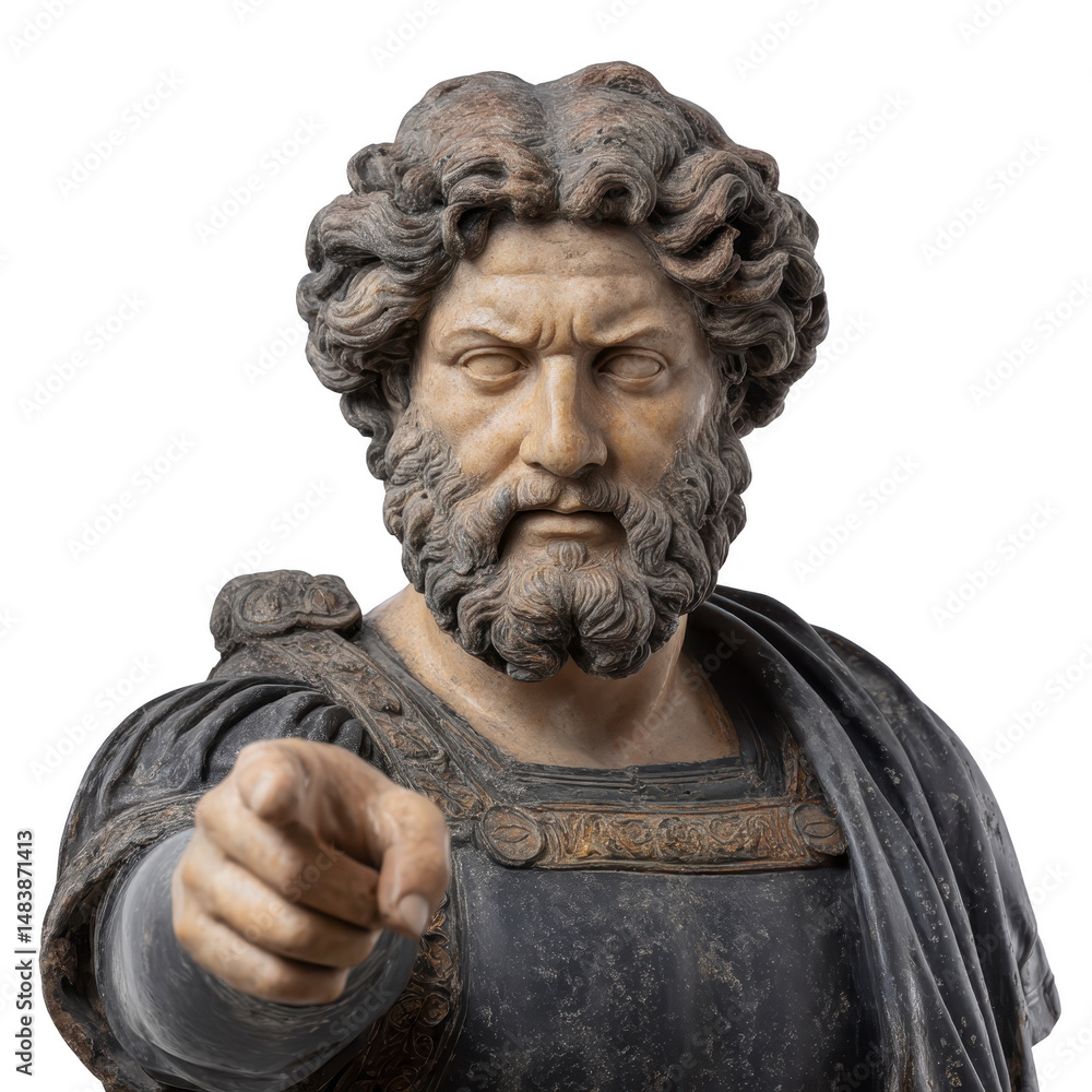 Poster this features detailed statue of bearded man with curly hair, wearing toga and pointing forward. exp