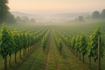 Naklejka premium Vineyard rows disappearing into fog in valley.