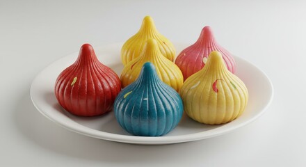 Obraz premium Colorful Modak Sweets on Plate - Six vibrant modak sweets, in red, yellow, and blue, arranged on a white plate. Festive and delicious Indian treat